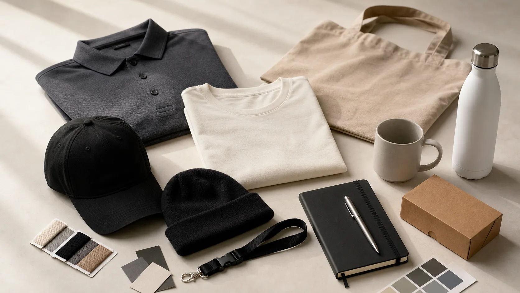 Unbranded apparel, headwear, drinkware, stationery and gift packaging